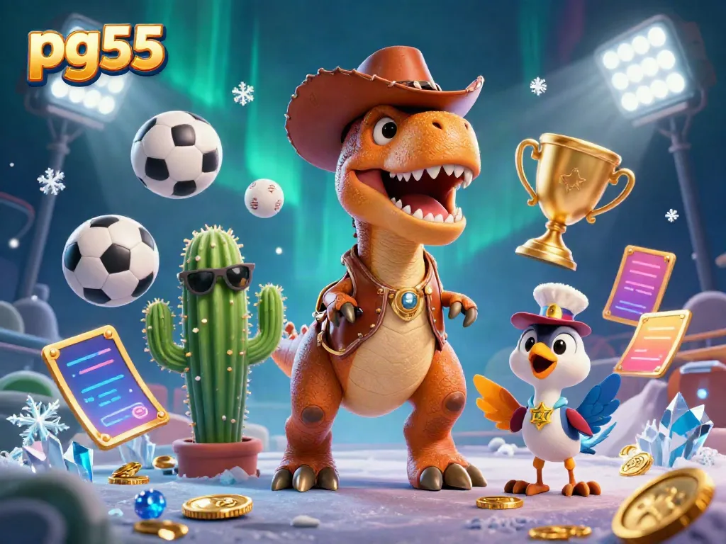 Engage in thrilling slot adventures with pg55, showcasing a vibrant T-Rex and dynamic sports elements.