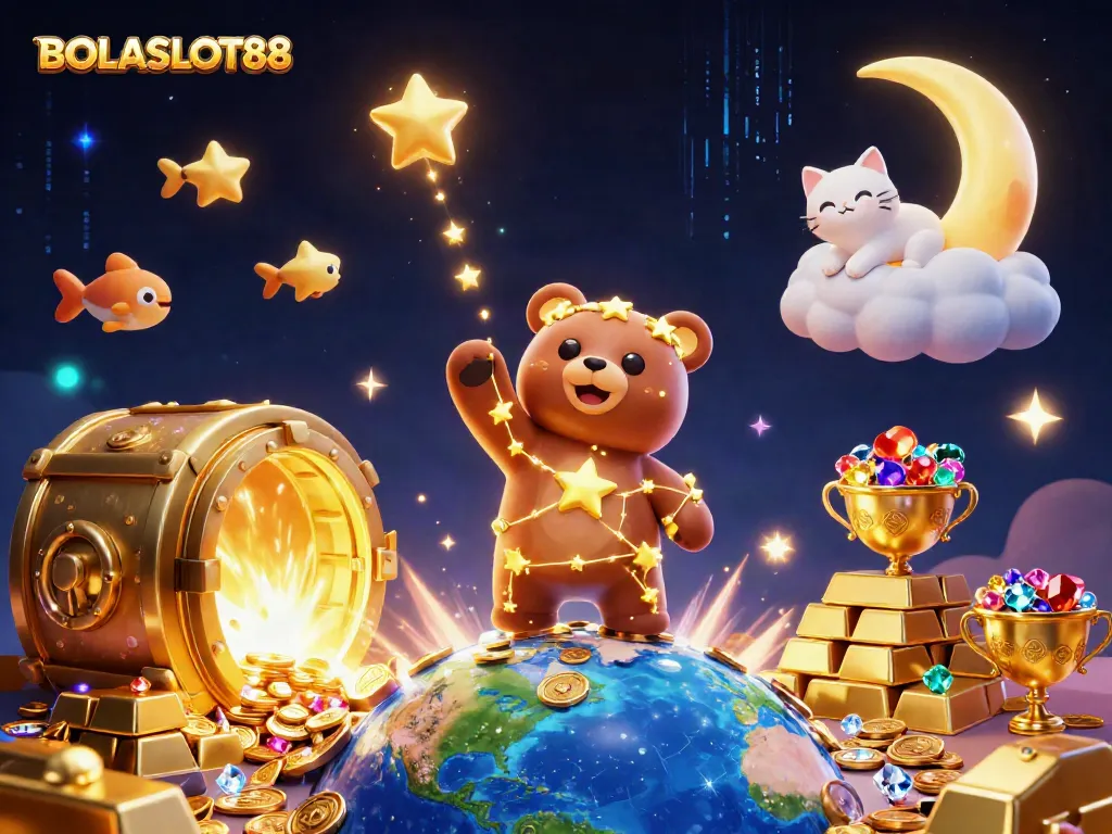 BOLASLOT88 showcases a celestial scene with a constellation bear and treasure elements, embodying the thrill of gaming.