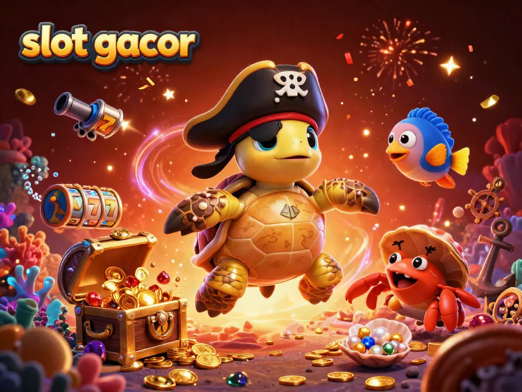 Explore the vibrant underwater scene showcasing slot gacor elements with a pirate turtle and treasures.