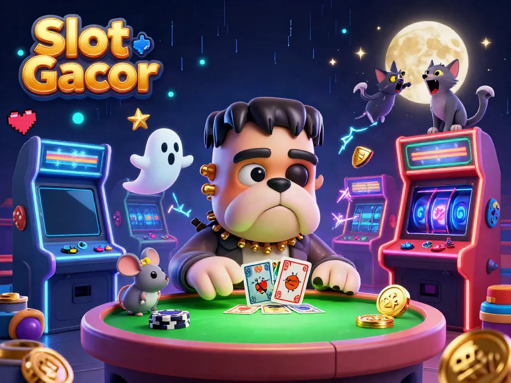 Engaging Slot Gacor-themed illustration with cartoon characters and slot reels, perfect for online casino promotions.