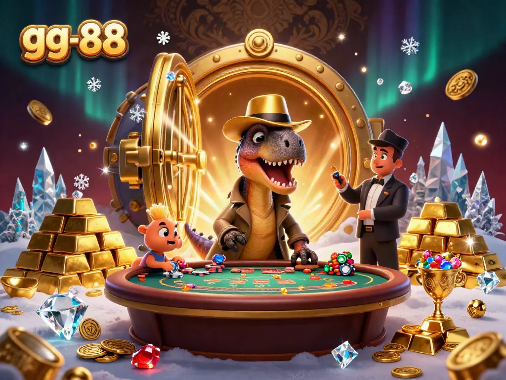 Win big at gg-88 with a colorful illustration featuring whimsical dinosaurs at a blackjack table.