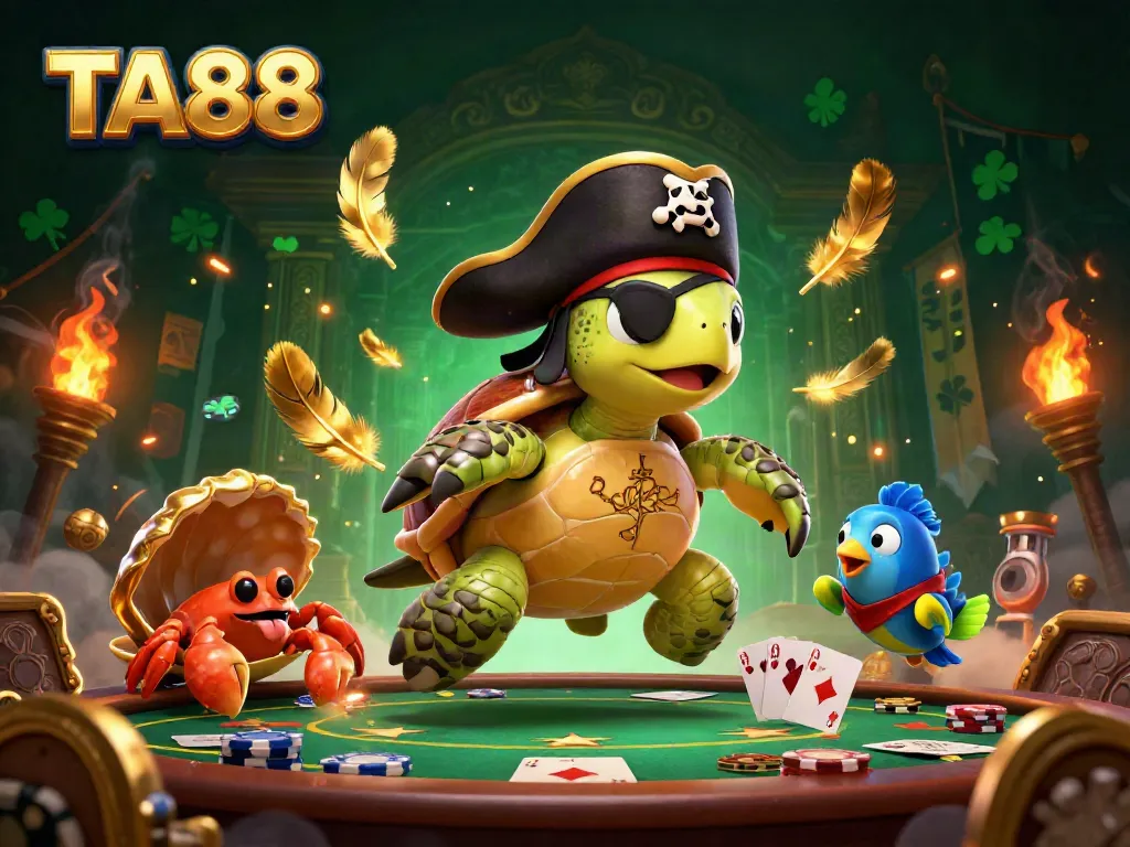 Engage in thrilling gambling adventures with TA88 featuring a pirate turtle and friends in a vibrant casino scene.