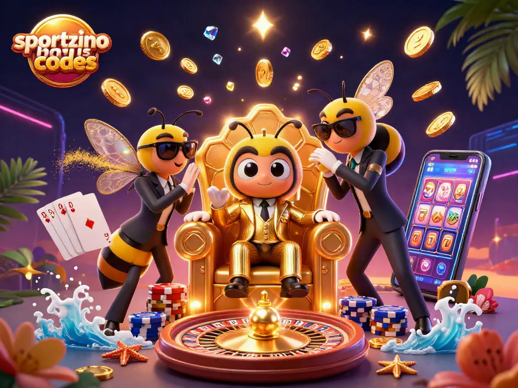 Spin and win with Sportzino bonus codes, showcasing an exciting 3D casino scene full of rewards.