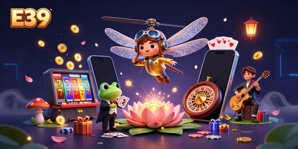 Engage with E39's thrilling casino experience featuring a dragonfly pilot and frog croupier.