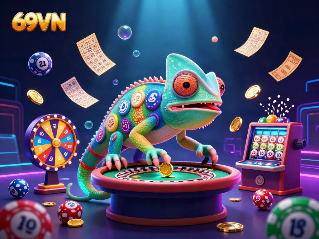 Experience thrilling gaming moments at 69VN with a colorful chameleon casino owner and dynamic gambling elements.