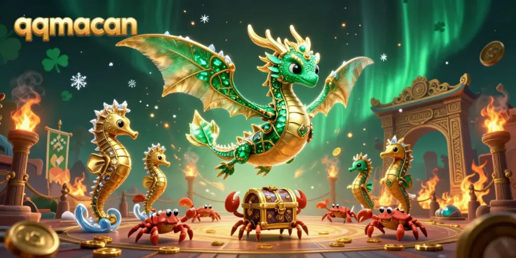 Experience thrilling gaming at qqmacan with a whimsical sea dragon, treasure, and casino elements.