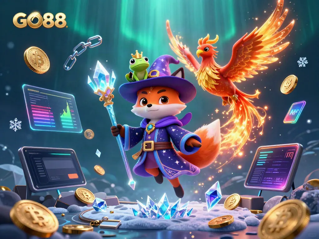 Engage with the mystical world of GO88's casino games, showcasing vibrant characters and crypto elements.
