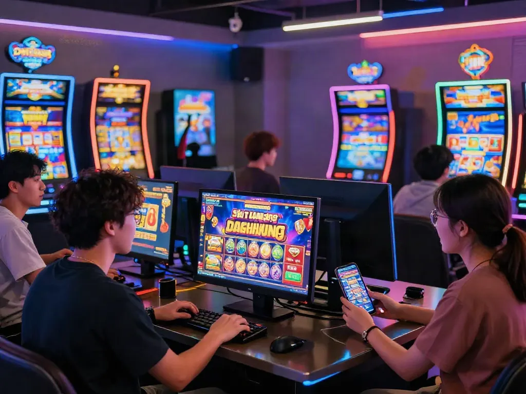 Excited players engaging with Slot MAHJONGJP88 games in a colorful gaming lounge.