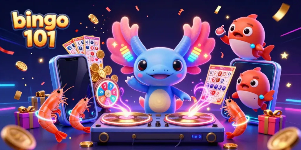 Experience the thrill of bingo 101 with vibrant characters, games, and rewards in this dynamic scene.