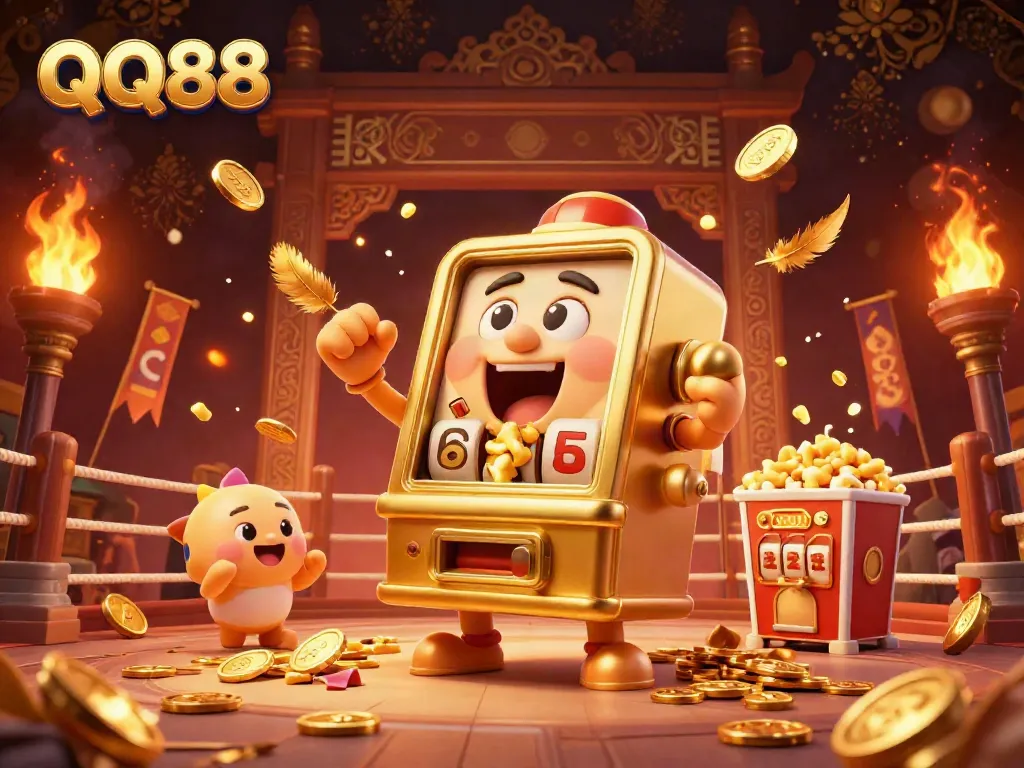 Experience the thrill of QQ88 with a golden slot machine celebrating a jackpot, surrounded by cheering baby slots and festive elements.