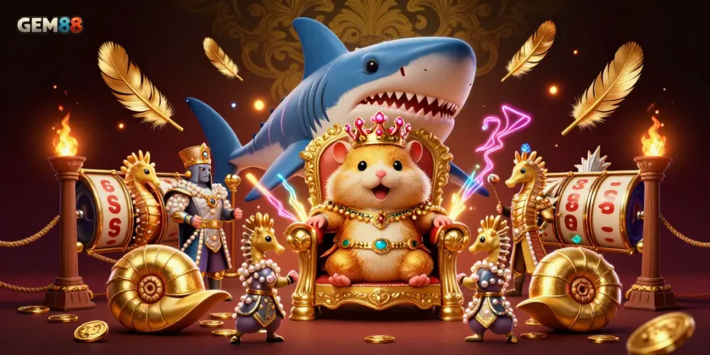 Experience immersive gaming with GEM88 featuring a vibrant 3D illustration of a golden hamster king throne.