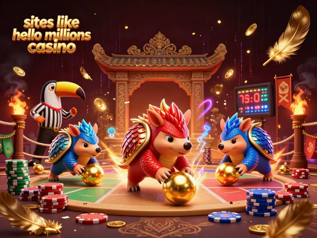 Engage with exciting games at sites like hello millions casino where thrilling pangolin characters compete amidst golden coins and vibrant casino elements.