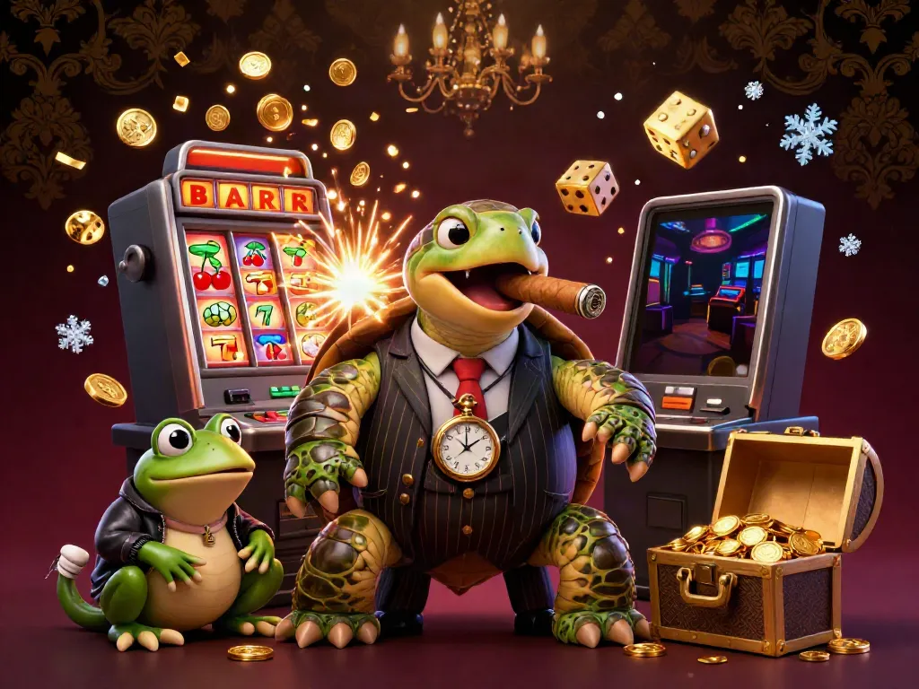 LGOACE offers an engaging scene with a cartoon turtle mobster amid a jackpot explosion, highlighting casino excitement.