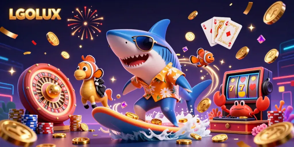 Engage with LGOLUX's thrilling gaming experience featuring vibrant characters and gold coins.