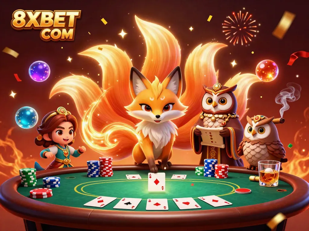 Experience the magic of gaming with 8XBET COM in this vibrant casino scene featuring a fox spirit, wise owl, and poker elements.