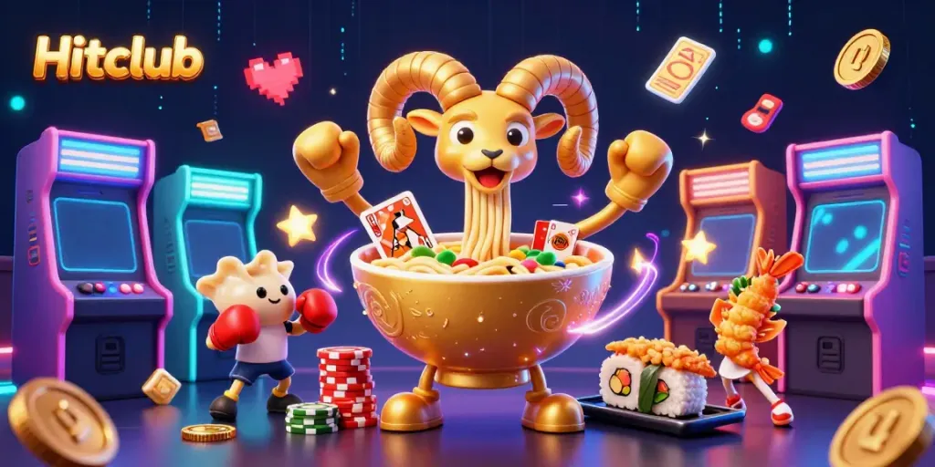 Hitclub features a vibrant scene with a golden ramen bowl dealer amidst gaming elements and energized atmosphere.