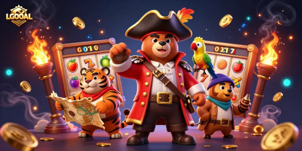 Experience thrilling gameplay at LGOGOAL with vibrant slot reels and dynamic pirate characters.
