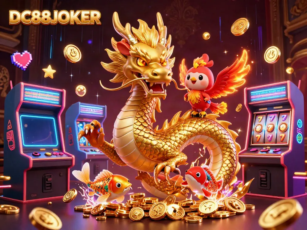 Experience thrilling wins at DC88JOKER with vibrant dragons, arcade games, and casino elements.