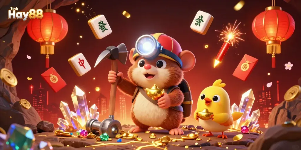 Engage with the vibrant world of link Hay88, showcasing a treasure hunter mole amidst a cascade of casino-themed treasures.