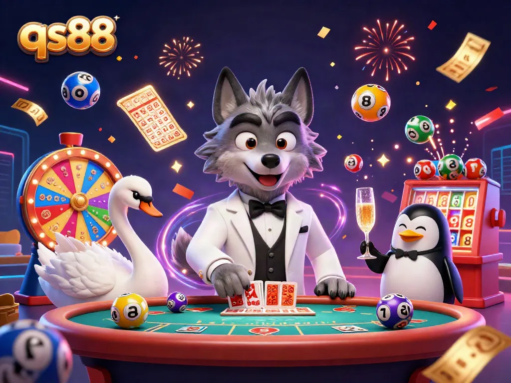 Experience the excitement of qs88 with vibrant lottery elements and dynamic casino characters.