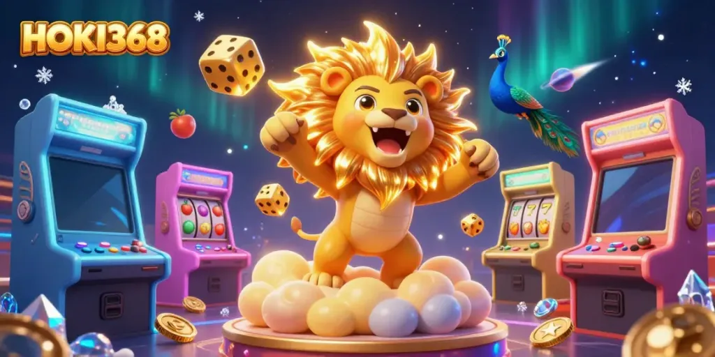 Experience HOKI368 with an electrifying 3D digital scene featuring vibrant casino elements and engaging game visuals.
