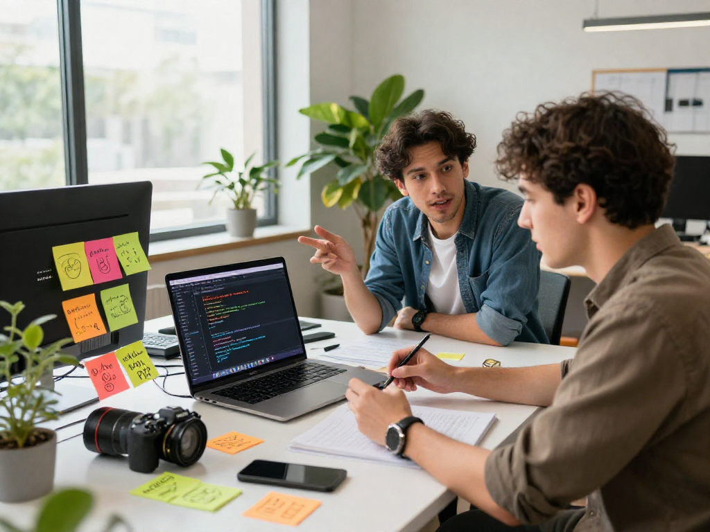 Dynamic workspace showcasing spicy AI innovations with tech professional brainstorming ideas amidst creative chaos.