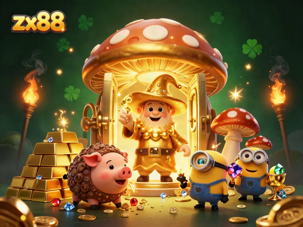 Experience zx88's magic with golden treasures and whimsical characters in a vibrant casino scene.