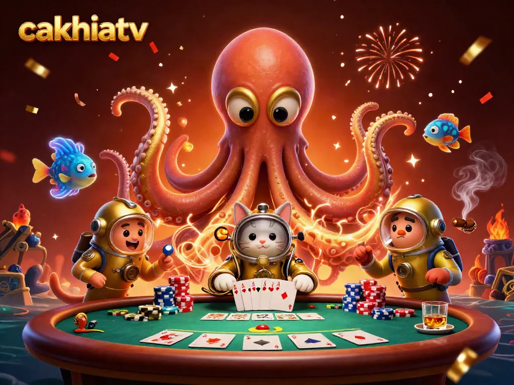 Experience thrilling poker action on cakhiatv with a kraken, diving cat, and vibrant game elements!