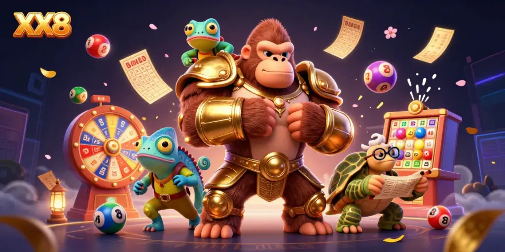 Experience the vibrant excitement of XX8 with a powerful gorilla and colorful gambling elements in a 3D illustration.