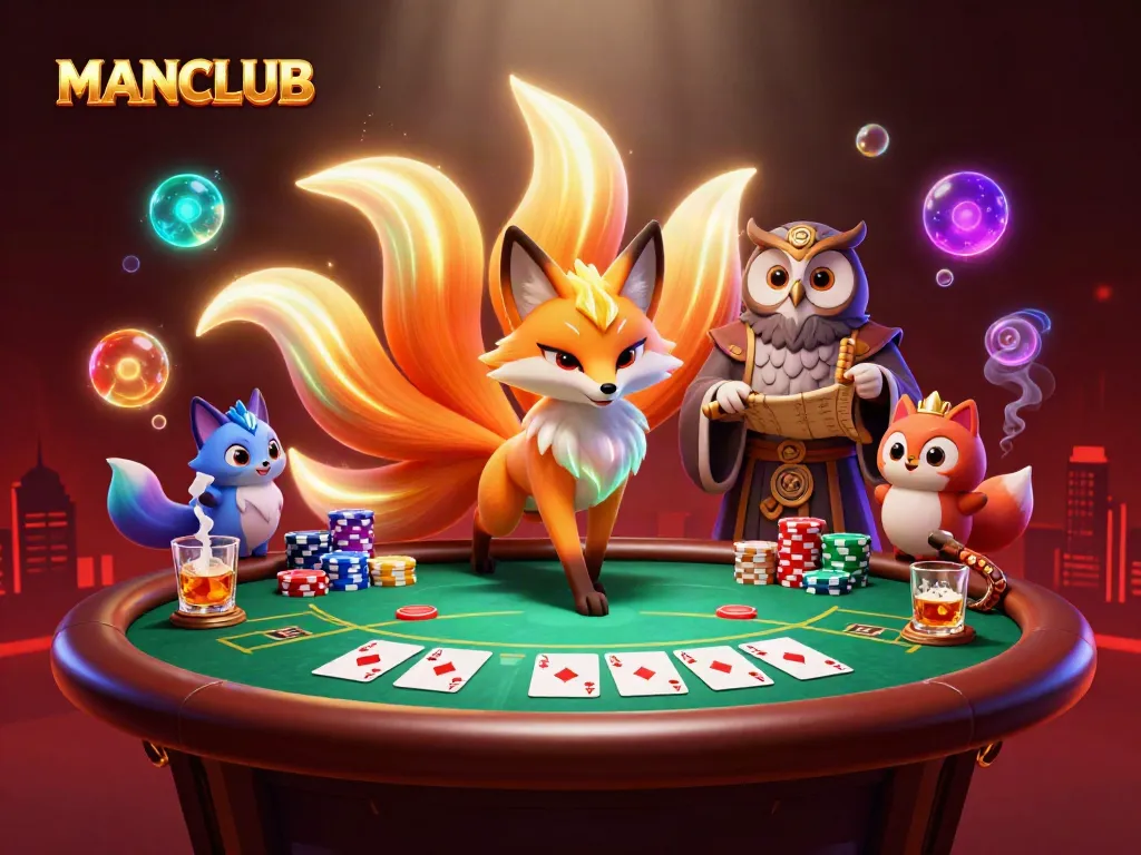 Experience MANCLUB's vibrant gambling world with a glowing nine-tailed fox, poker elements, and mystical orbs.