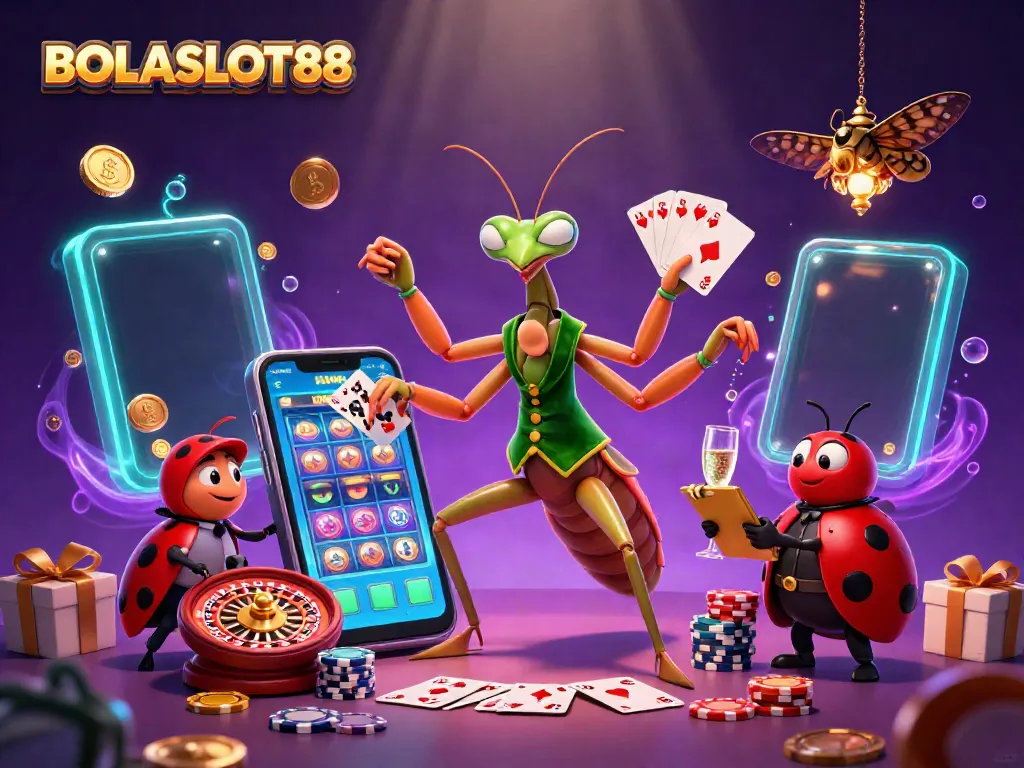 BOLASLOT88 showcases a vibrant casino scene with a giant mantis dealer, lively game elements, and energized characters.