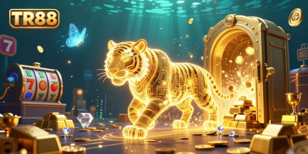 Experience TR88 with vibrant casino scenes featuring a golden tiger and slot elements, illustrating an exciting gambling adventure.