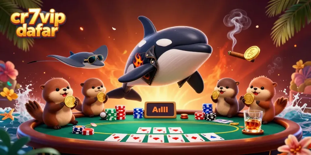 Ilustrasi 3D orca dengan jaket kulit dan ozon, cr7vip daftar berkumpul di meja poker