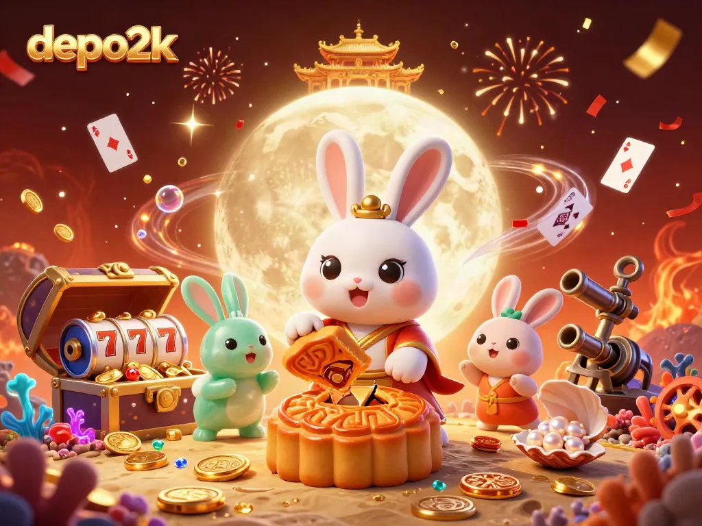 Engage in thrilling gameplay with depo2k through a vibrant, detailed illustration of a moon rabbit casino scene.