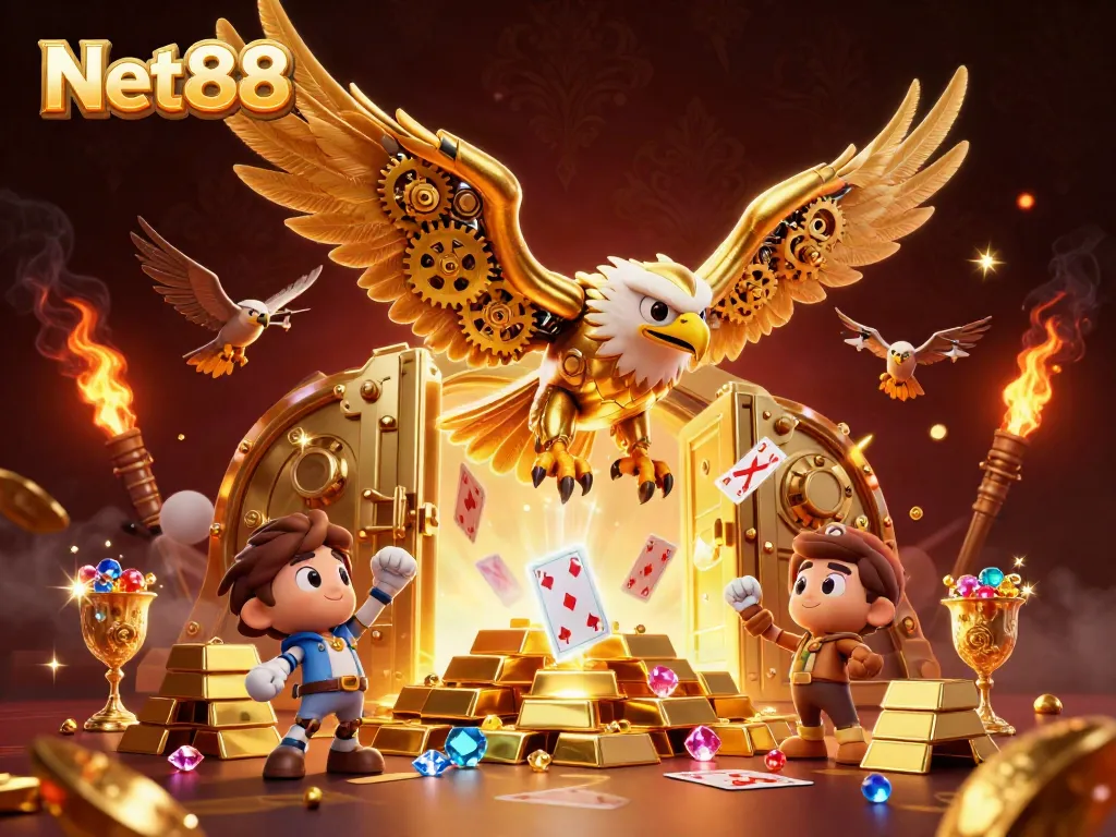 Experience excitement at Net88 with a golden eagle soaring through a treasure-filled casino scene.