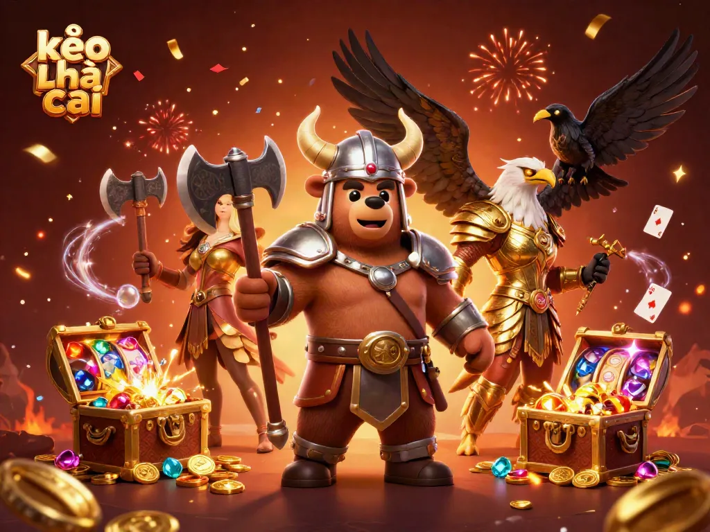 Engage in thrilling betting action with kèo nhà cái, featuring a Viking bear and Valkyrie eagle in a dynamic casino scene.