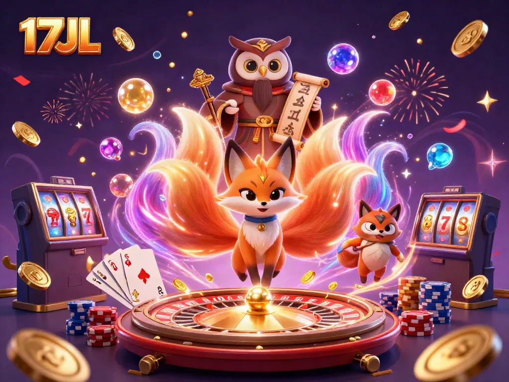 Engage with the vibrant 17JL casino scene featuring a mystical fox, wise owl, and abundant gaming elements.