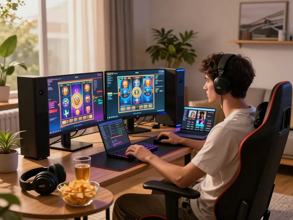 A vibrant gaming scene portraying akunjp with a focused player, snacks and LED lights.