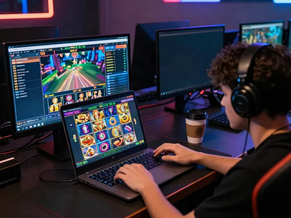 Player engaged in qqmacan slot game on laptop with vibrant graphics and live stats
