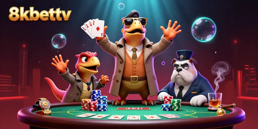Engaging 3D cartoon raptors in trench coat trying to access VIP area at 8kbettv casino, showcasing vibrant casino elements.