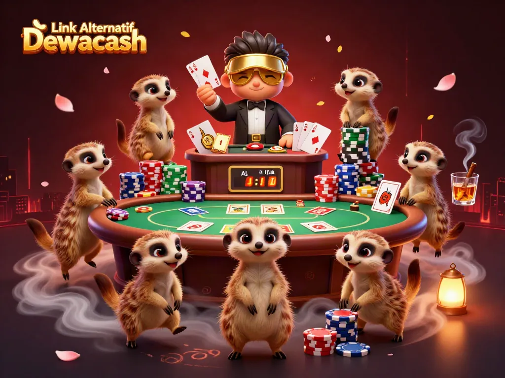 Engage in thrilling casino antics with Link Alternatif Dewacash's meerkat characters amid dynamic poker elements and a vibrant atmosphere.