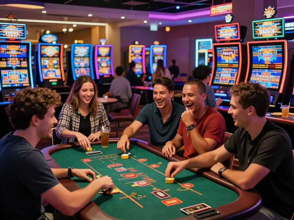 Akunjp vibrant casino scene with friends enjoying slot machines and table games in a lively atmosphere.