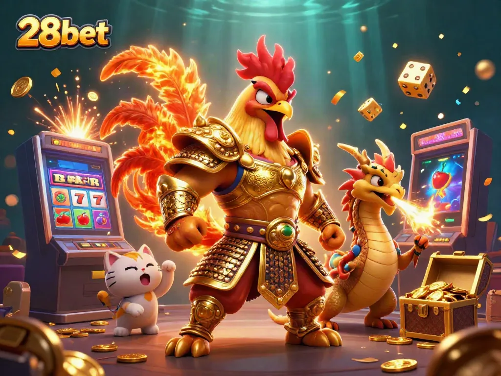 Experience vibrant excitement at 28bet with a golden jackpot explosion and unique characters.