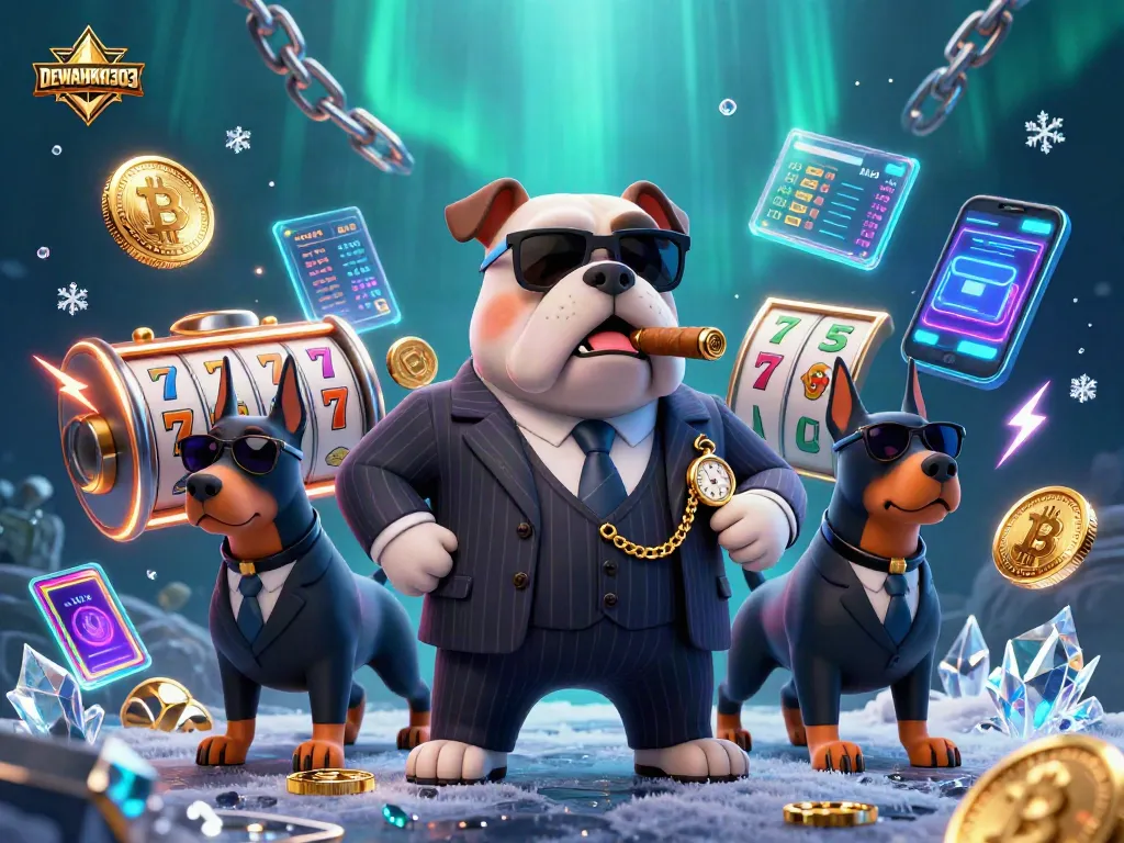 Permainan slot online di DEWAHOKI303 dengan karakter 3D mendebarkan dan elemen cryptocurrency bersinar.