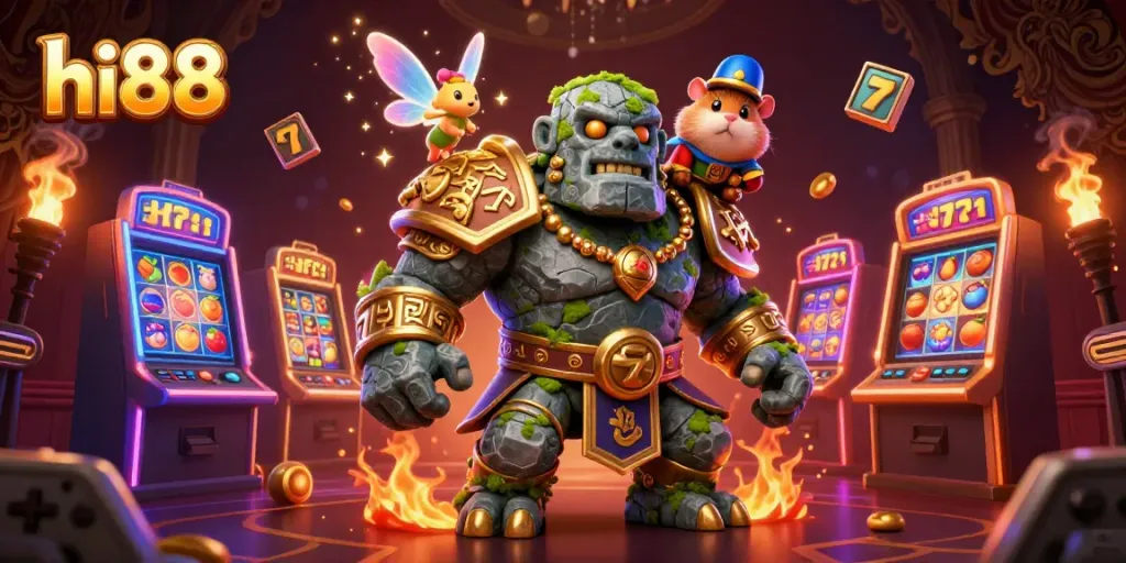 Experience exciting gambling adventures at hi88 with an enchanting golem and fairy surrounded by vibrant slot machines.