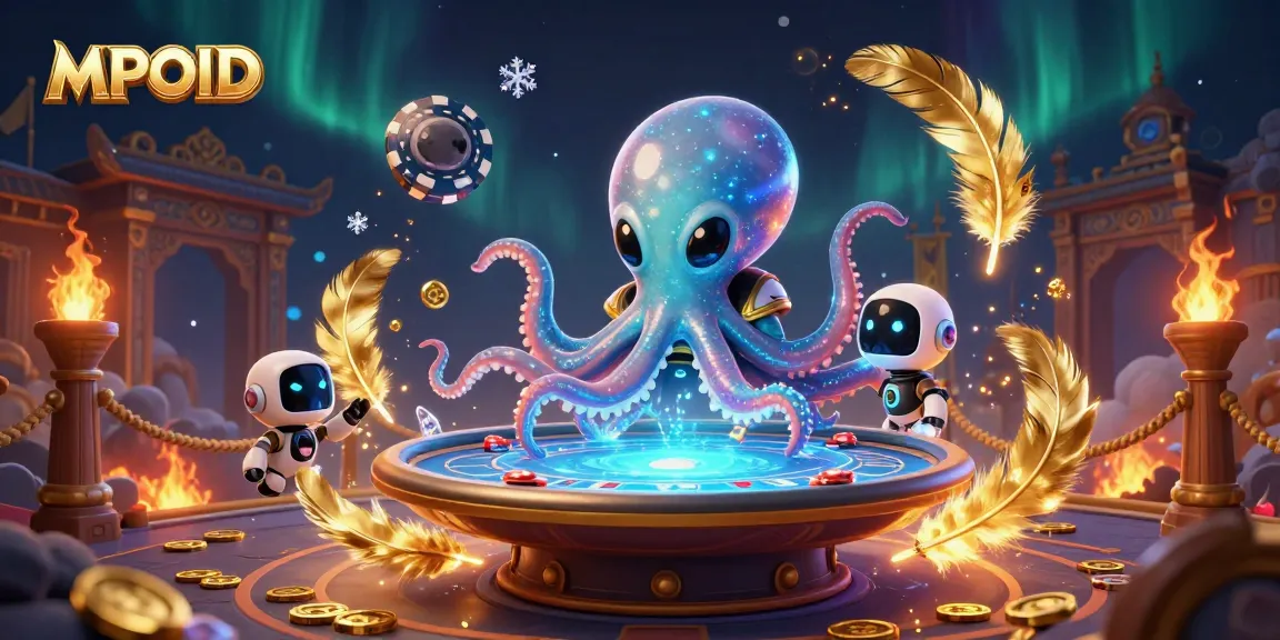 MPOID alien octopus playing poker at a holographic table amid vibrant casino elements.
