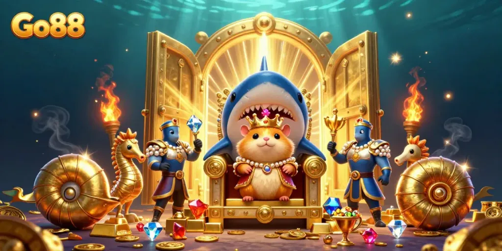 Engage with Go88's dynamic gaming world featuring a golden hamster king and treasure