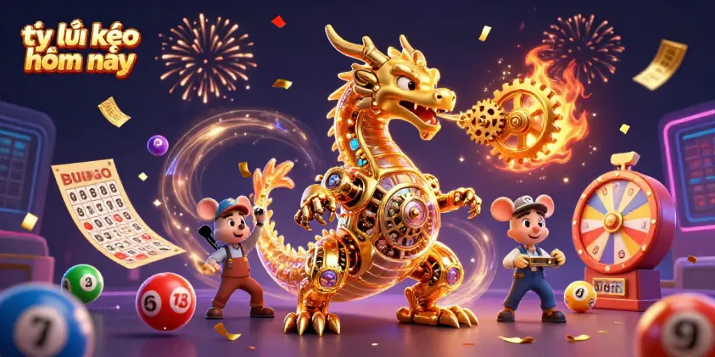 Engage with tỷ lệ kèo nhà cái hôm nay in this vibrant 3D scene featuring a golden dragon and celebration elements.