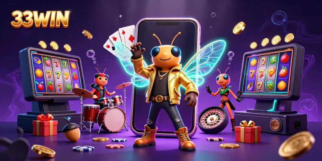 Engage with 33WIN's vibrant casino scene featuring dynamic characters and colorful slot games.