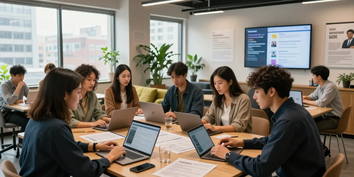 Collaborative job search session in a modern workspace focusing on หางาน opportunities.
